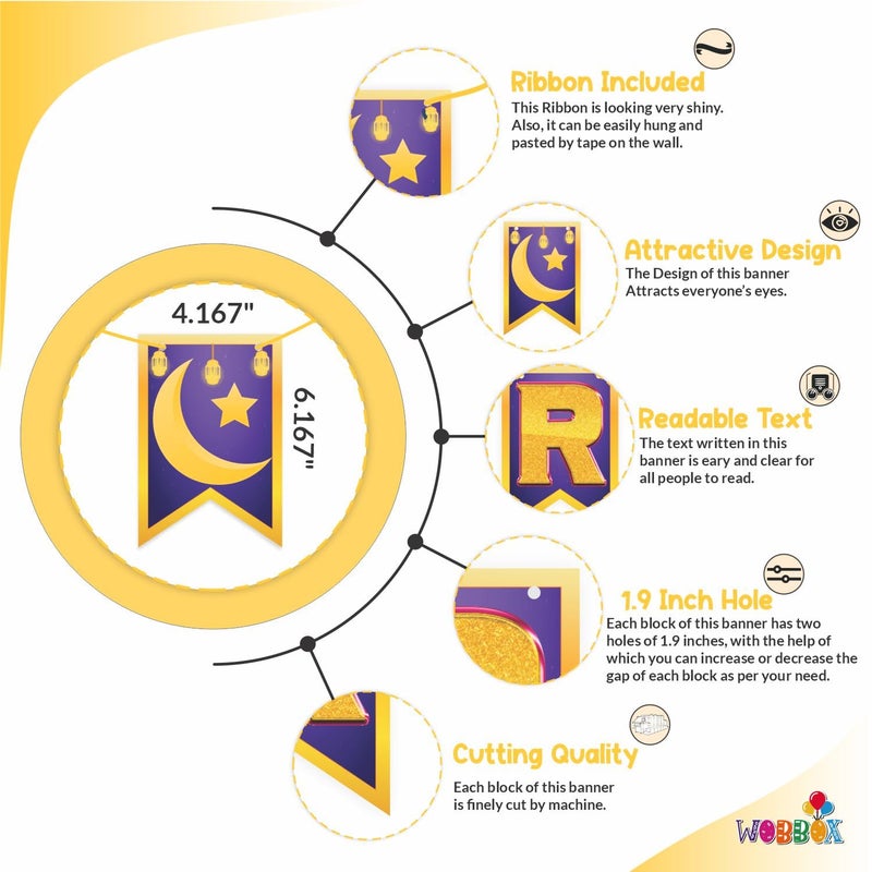 WOBBOX Ramadan Kareem Violet & Golden Color Bunting Banner, Ramadan Decoration Items, Eid Mubarak Decorations - Image 2