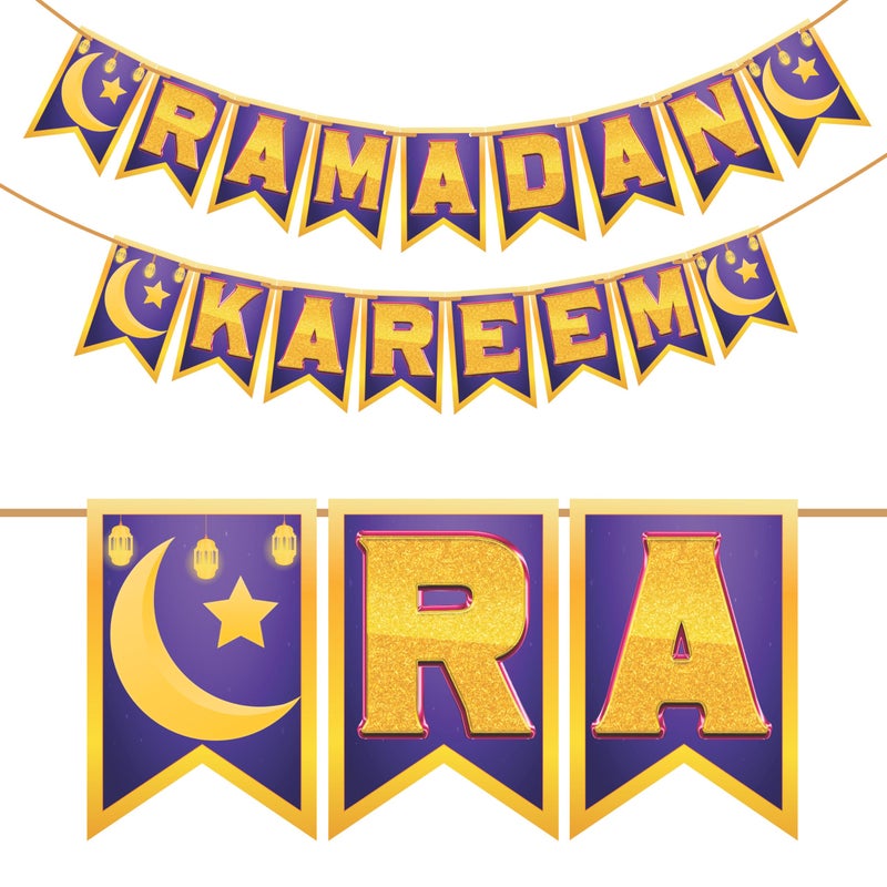 WOBBOX Ramadan Kareem Violet & Golden Color Bunting Banner, Ramadan Decoration Items, Eid Mubarak Decorations - Image 1