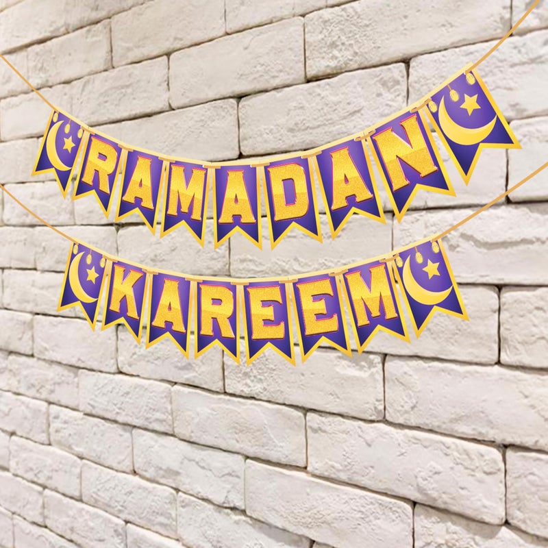 WOBBOX Ramadan Kareem Violet & Golden Color Bunting Banner, Ramadan Decoration Items, Eid Mubarak Decorations - Image 4
