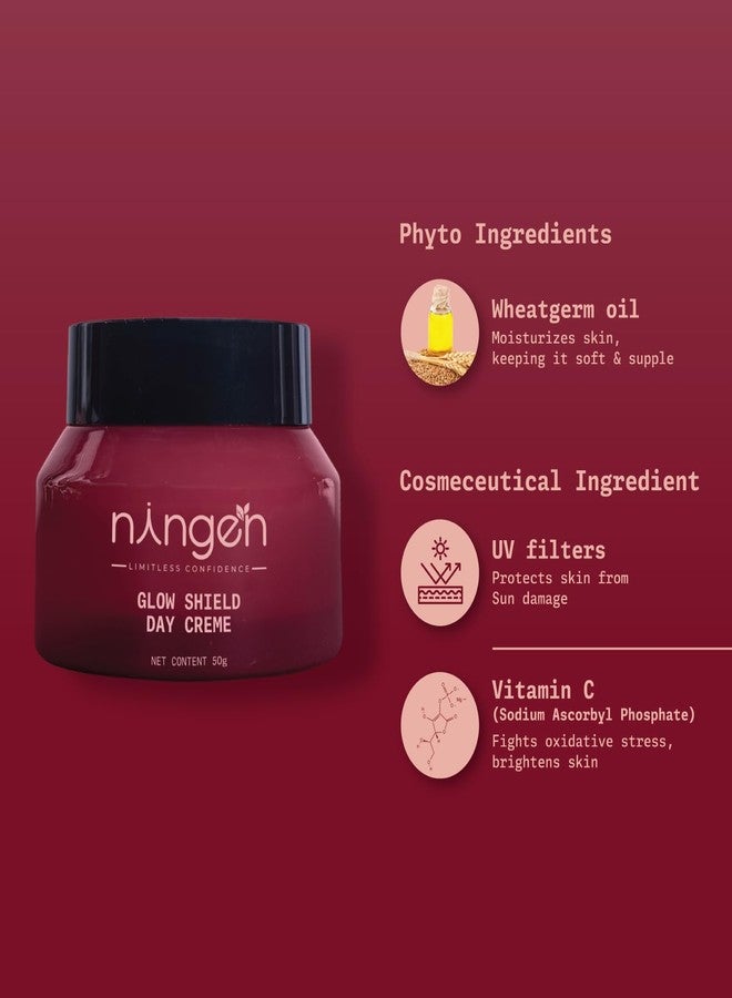 نينغن كريم نينجن جلو شيلد النهاري للحماية من الشمس، لبشرة متألقة ونضرة (50 غرام) | فيتامين سي، زيت جنين القمح، وفلاتر للأشعة فوق البنفسجية لتفتيح البشرة وترطيبها | للرجال والنساء | لجميع أنواع البشرة - Image 2
