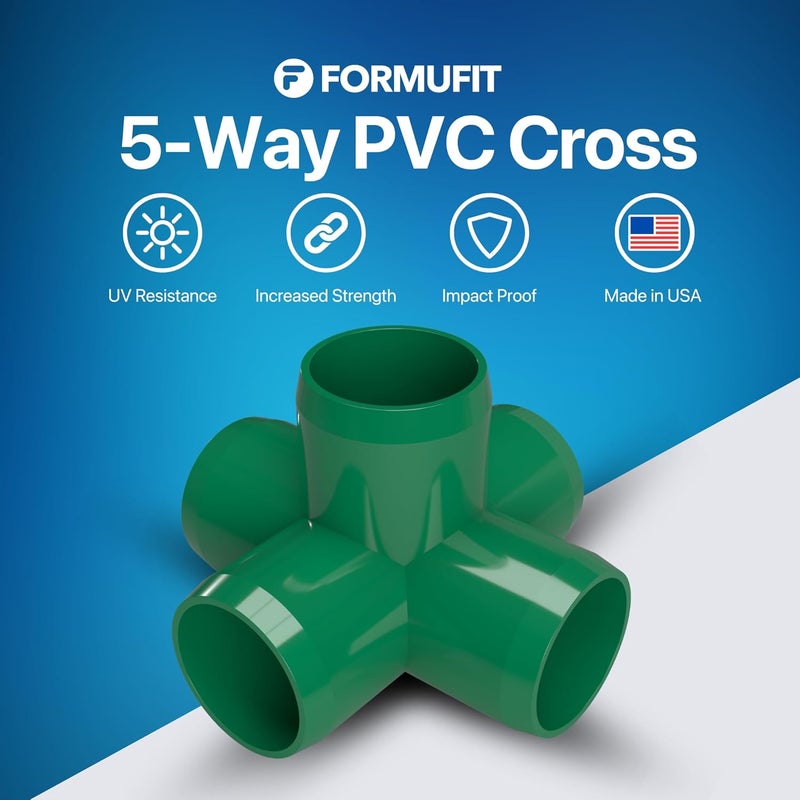 FORMUFIT 1-1/4" 5-Way Cross Furniture Grade PVC Fitting in Green, Made in USA, UV-Resistant, Impact-Proof, 1.66” Actual Socket Diameter (Pack of 4) - F1145WC-GR-4 - Image 2