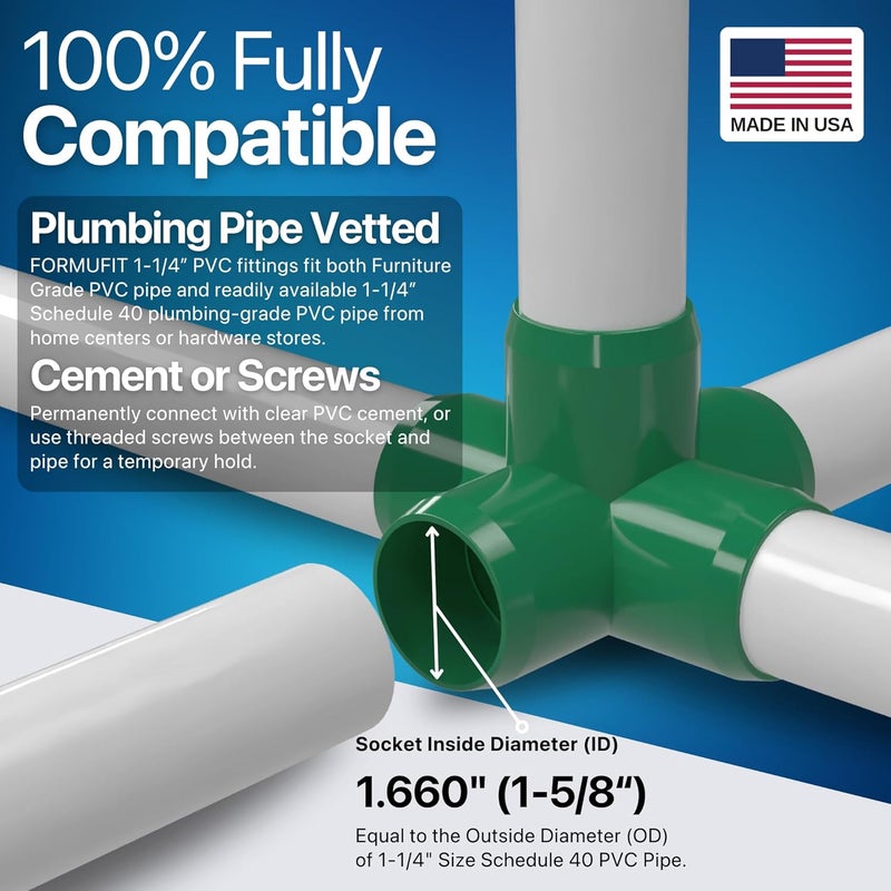 FORMUFIT 1-1/4" 5-Way Cross Furniture Grade PVC Fitting in Green, Made in USA, UV-Resistant, Impact-Proof, 1.66” Actual Socket Diameter (Pack of 4) - F1145WC-GR-4 - Image 5