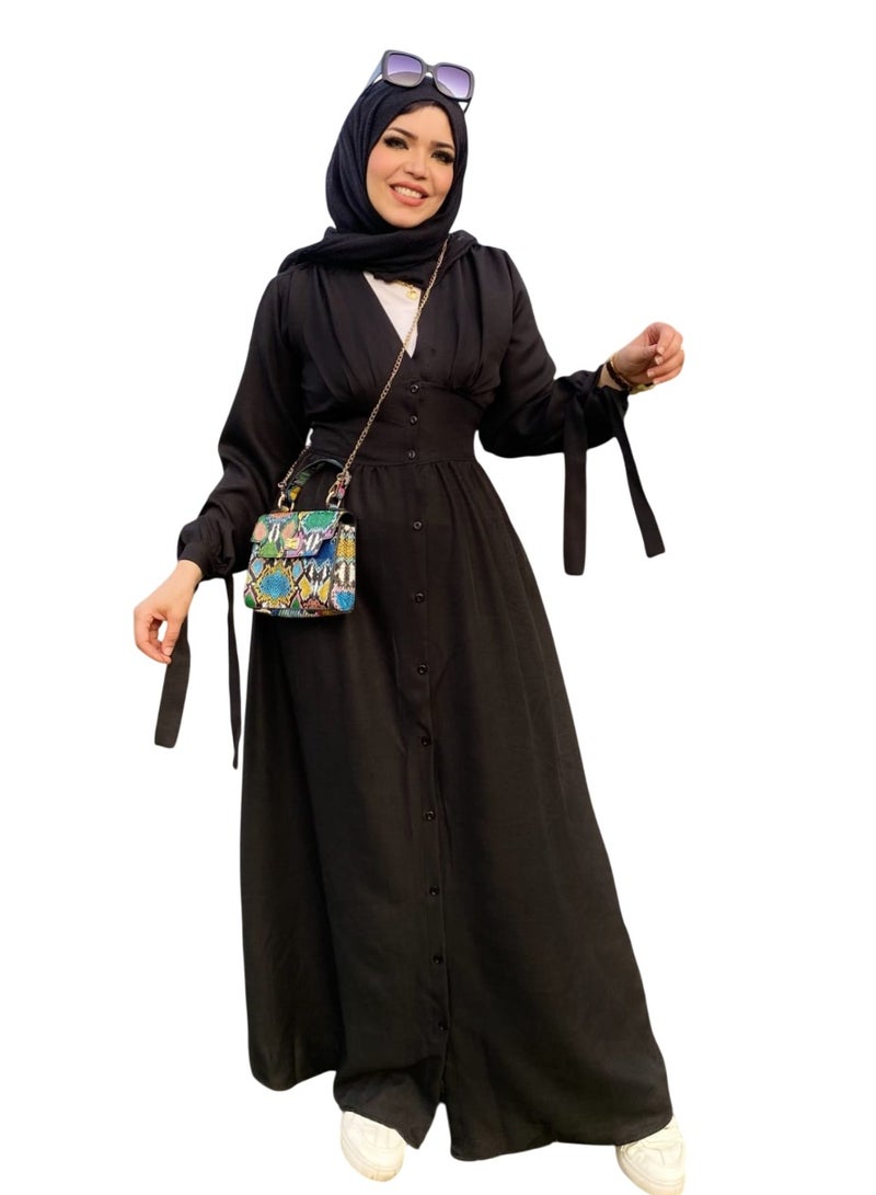 سِتر فستان كتان طويل - اسود - Image 1
