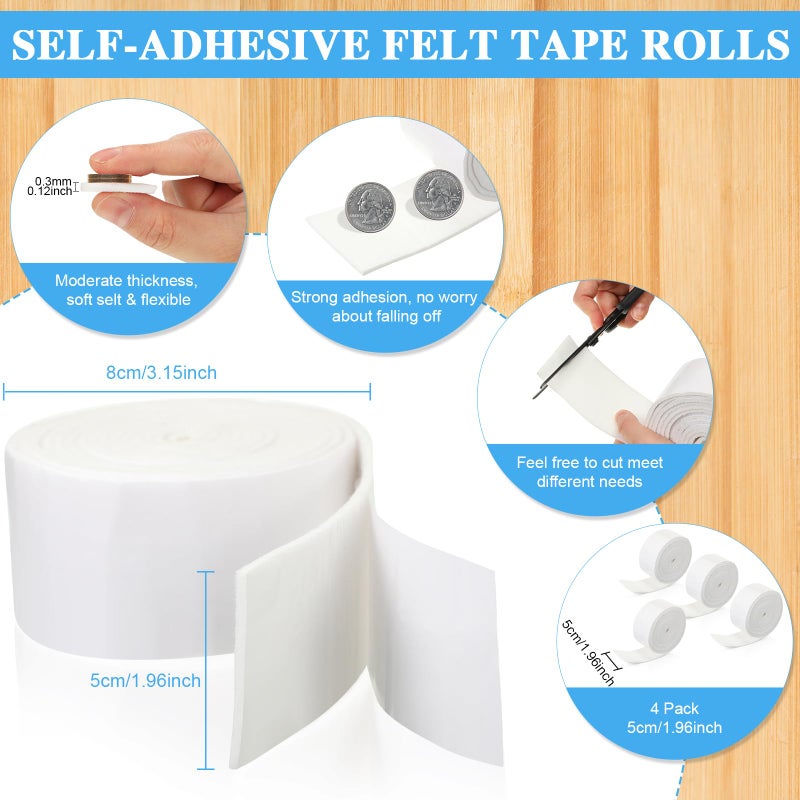 Zonon 4 Rolls 120 Inch Felt Strip with Adhesive Backing Felt Tapes Furniture Felt Strip Rolls Self Stick Heavy Duty Polyester for Protecting Furniture and DIY Adhesive (2 Inch White) - Image 2