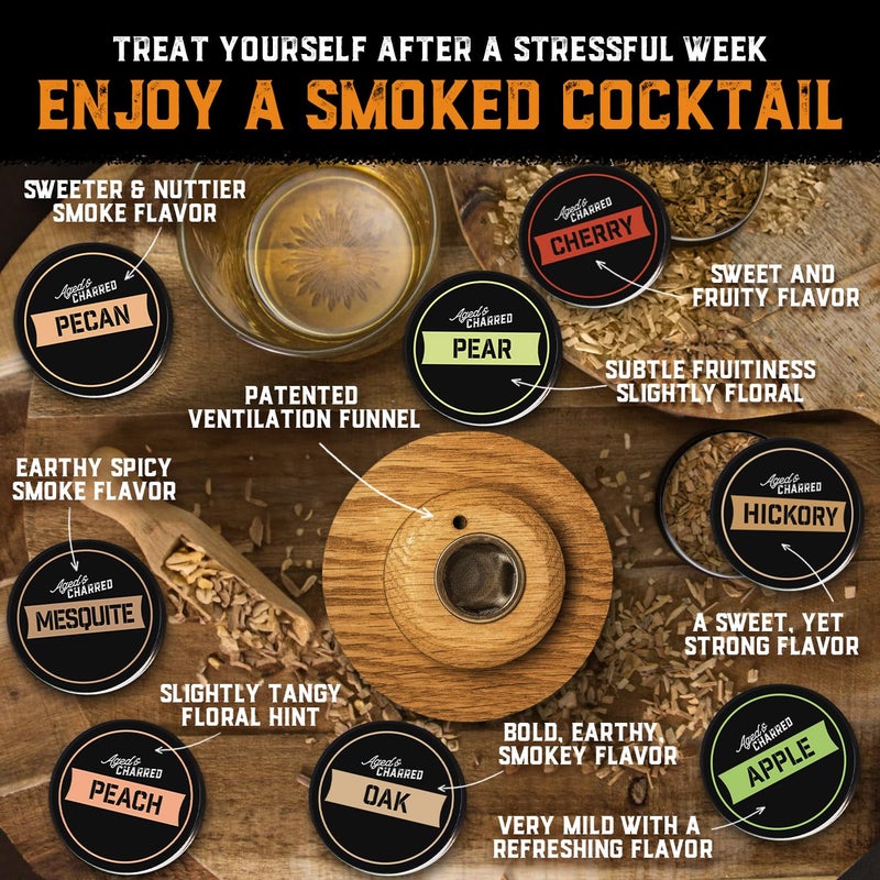 Aged & Charred Whiskey Smoker Kit with Torch and Butane - 4 Flavors Wood Chips, 100% USA Oak Smoker, High-End Set - Cocktail Smoker Kit for Drinks - Old Fashioned Bourbon Smoker Gift Set for Men - Image 3