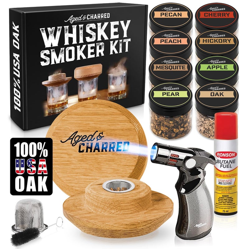 Aged & Charred Whiskey Smoker Kit with Torch and Butane - 4 Flavors Wood Chips, 100% USA Oak Smoker, High-End Set - Cocktail Smoker Kit for Drinks - Old Fashioned Bourbon Smoker Gift Set for Men - Image 1