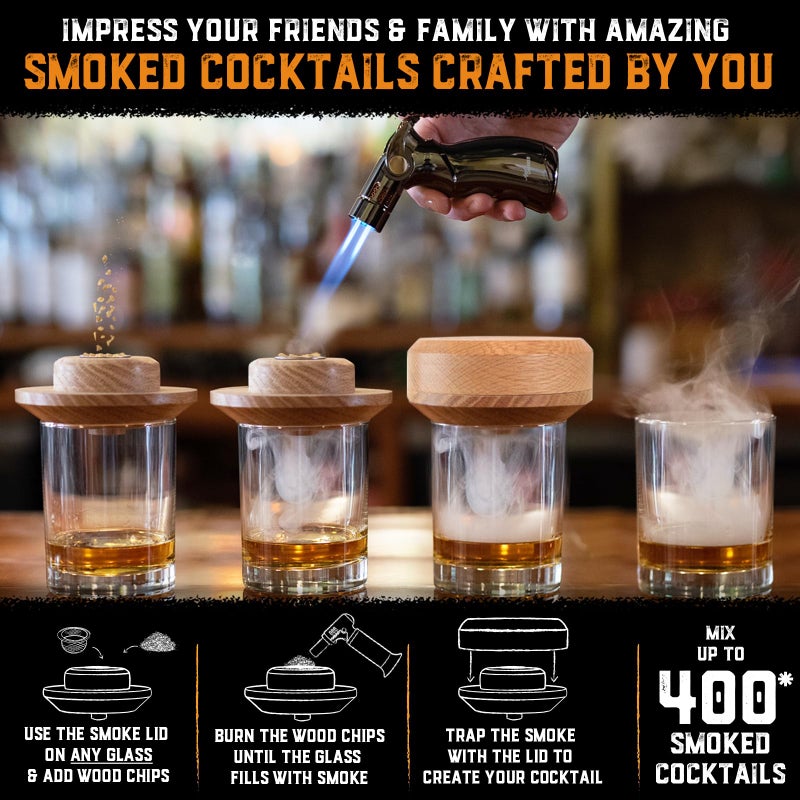 Aged & Charred Whiskey Smoker Kit with Torch and Butane - 4 Flavors Wood Chips, 100% USA Oak Smoker, High-End Set - Cocktail Smoker Kit for Drinks - Old Fashioned Bourbon Smoker Gift Set for Men - Image 2