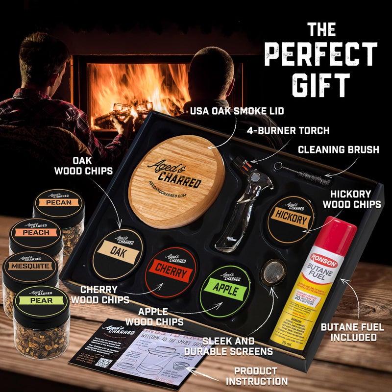 Aged & Charred Whiskey Smoker Kit with Torch and Butane - 4 Flavors Wood Chips, 100% USA Oak Smoker, High-End Set - Cocktail Smoker Kit for Drinks - Old Fashioned Bourbon Smoker Gift Set for Men - Image 4