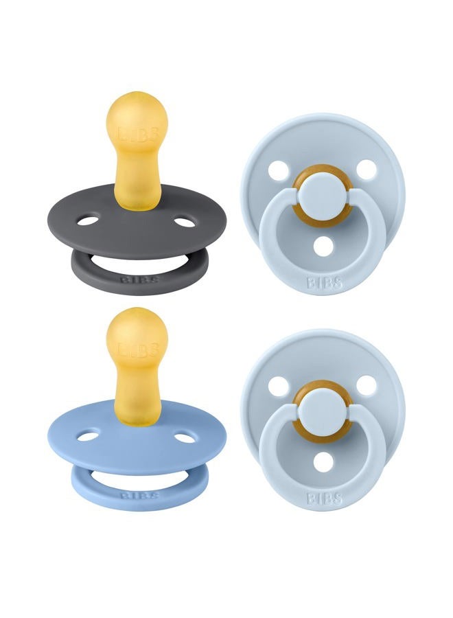 BIBS Pacifiers - Colour 4 Pack | Round Nipple Baby Pacifier | BPA Free Natural Rubber Latex Soother | Made in Denmark | Size 6-18 Months | Blue Colors - Image 1