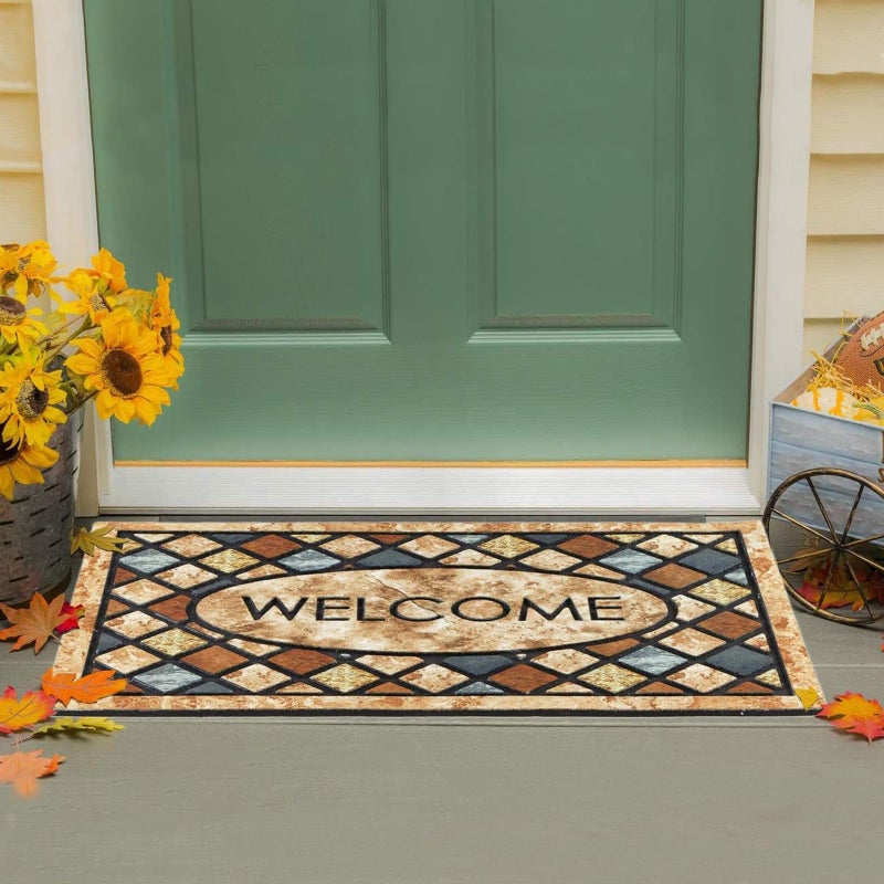 CHICHIC Blue Welcome Door Mat 17x 30 Inch Front Doormat Outdoors for Home Entrance Outdoors Mat for Outside Entry Way Doormat Entry Rugs, Heavy Duty Non Slip Rubber Back Low Profile - Image 2