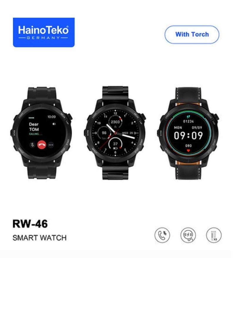 Haino Teko Smart Watch RW46 Round Screen Super Size AMOLED Display  With Torch Built-in and 3 Pair Straps and Wireless Charger For Gents and Boys - Image 1