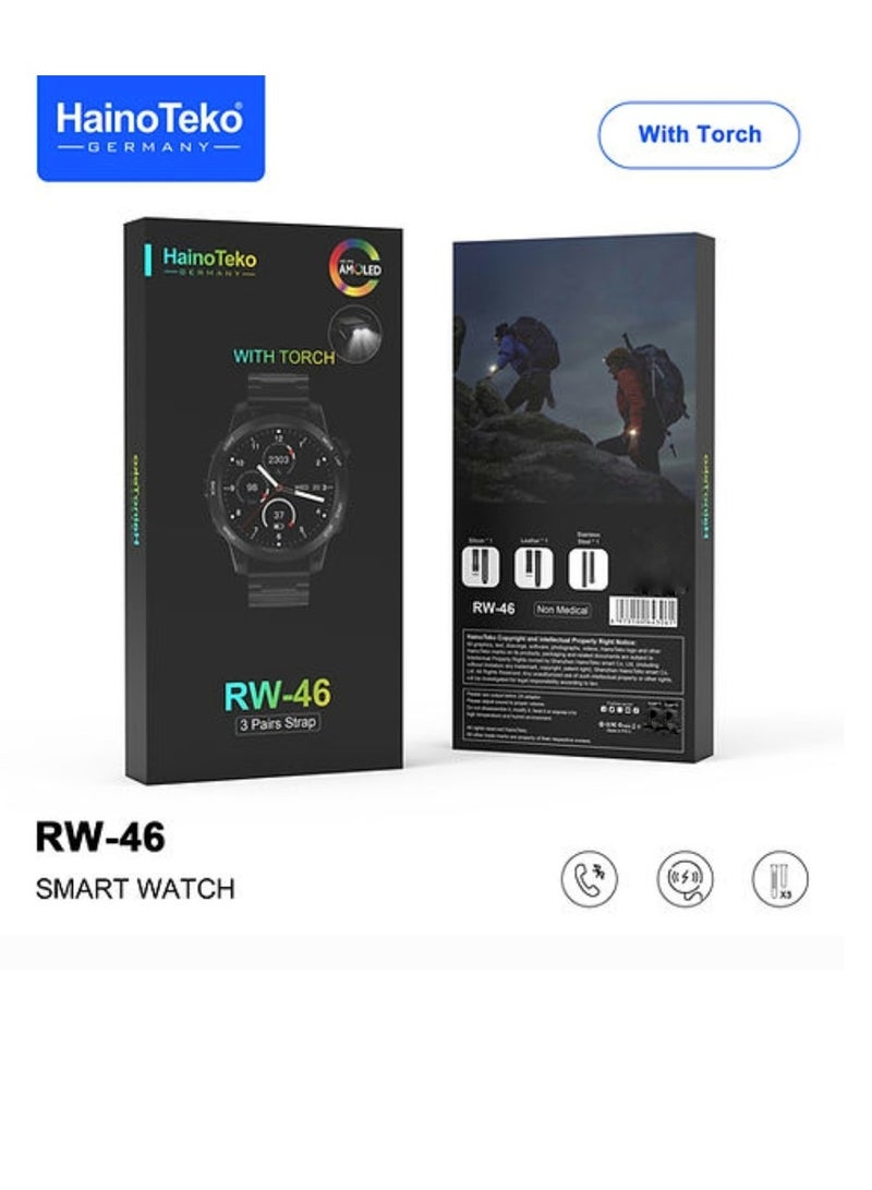 Haino Teko Smart Watch RW46 Round Screen Super Size AMOLED Display  With Torch Built-in and 3 Pair Straps and Wireless Charger For Gents and Boys - Image 4