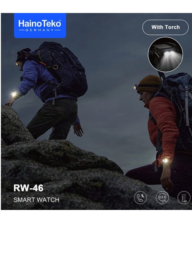 Haino Teko Smart Watch RW46 Round Screen Super Size AMOLED Display  With Torch Built-in and 3 Pair Straps and Wireless Charger For Gents and Boys - Image 2