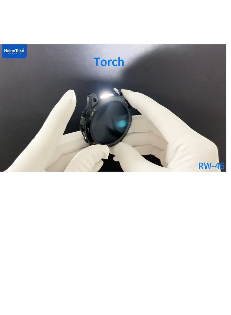 Haino Teko Smart Watch RW46 Round Screen Super Size AMOLED Display  With Torch Built-in and 3 Pair Straps and Wireless Charger For Gents and Boys - Image 5