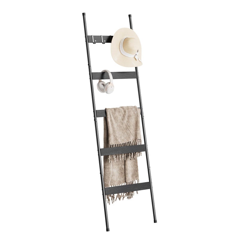 ELYKEN Blanket Ladder for Living Room Farmhouse 5Tier Quilt Holder with 4 Removable Hooks for Bathroom Wood Towel Rack Display Wall Anchor Leaning Decorative Stand for Home Black