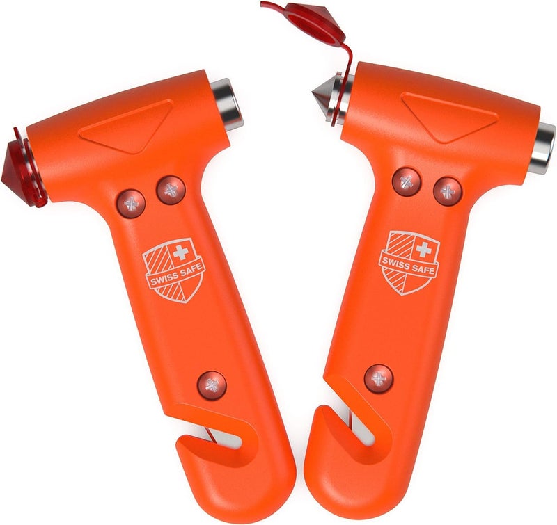 Swiss Safe Durable 5-1 Car Safety Hammer Window Breaker Breaker Tool w/Seatbelt Cutter - Emergency Escape Glass Hammer - Truck, Car Safety Essentials & Accessories - Orange, 2 Pack - Image 1