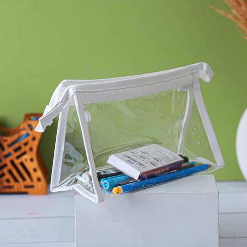 Zeinwap Pencil Pouch, Large Capacity Transparent Pencil Pouch with Zipper Closure Portable Makeup Pouch, Case Cute Stationery Bag for Students Girls Adults Office-Transparent (Pack of 1), White - Image 5