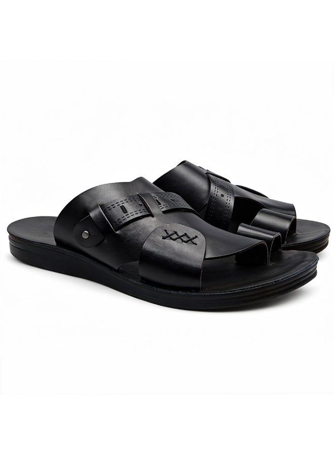 سليبر رجالي جلد أسود – تصميم عصري متعدد الأحزمة بنعل مريح مضاد للانزلاق – مثالي للاستخدام اليومي والصيف - Image 2