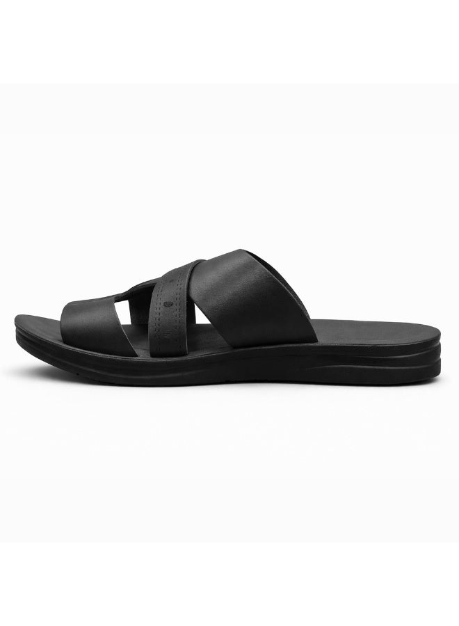 سليبر رجالي جلد أسود – تصميم عصري متعدد الأحزمة بنعل مريح مضاد للانزلاق – مثالي للاستخدام اليومي والصيف - Image 4