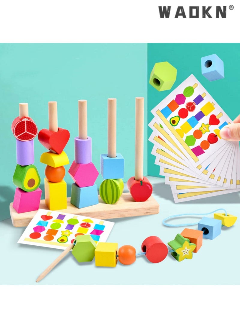 WAOKN 3 in 1 Wooden Color Sorting & Stacking Toys, Montessori Wooden Beads Sequencing Set, STEM Fine Motor Skills Toys Designed for Toddlers, Early Education Montessori Toys Gifts for Kids  - Image 1