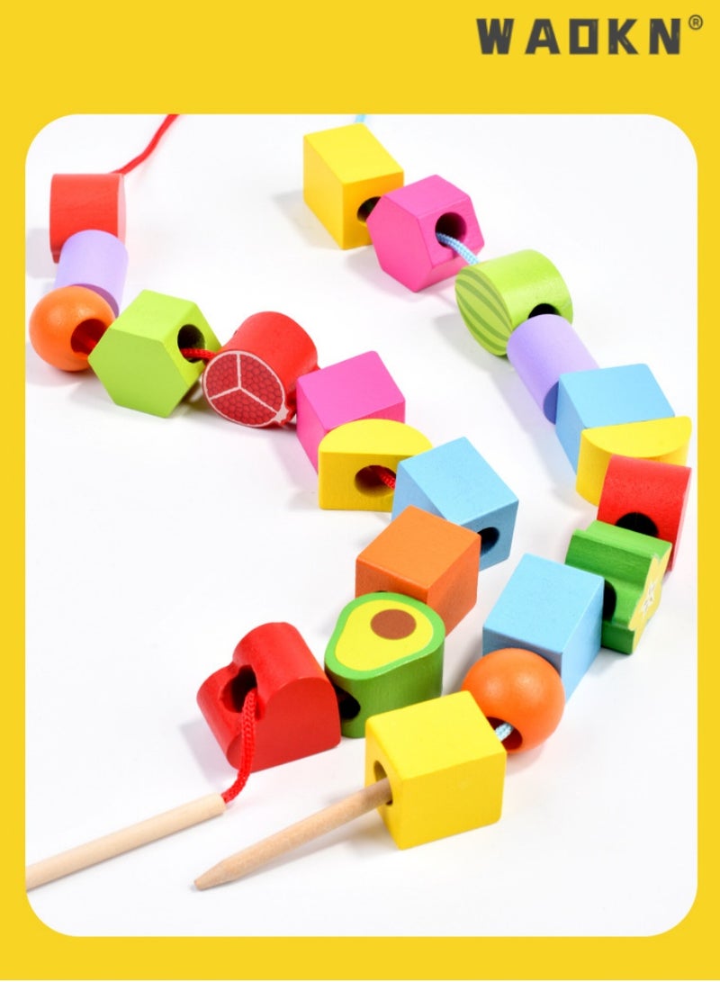 WAOKN 3 in 1 Wooden Color Sorting & Stacking Toys, Montessori Wooden Beads Sequencing Set, STEM Fine Motor Skills Toys Designed for Toddlers, Early Education Montessori Toys Gifts for Kids  - Image 4