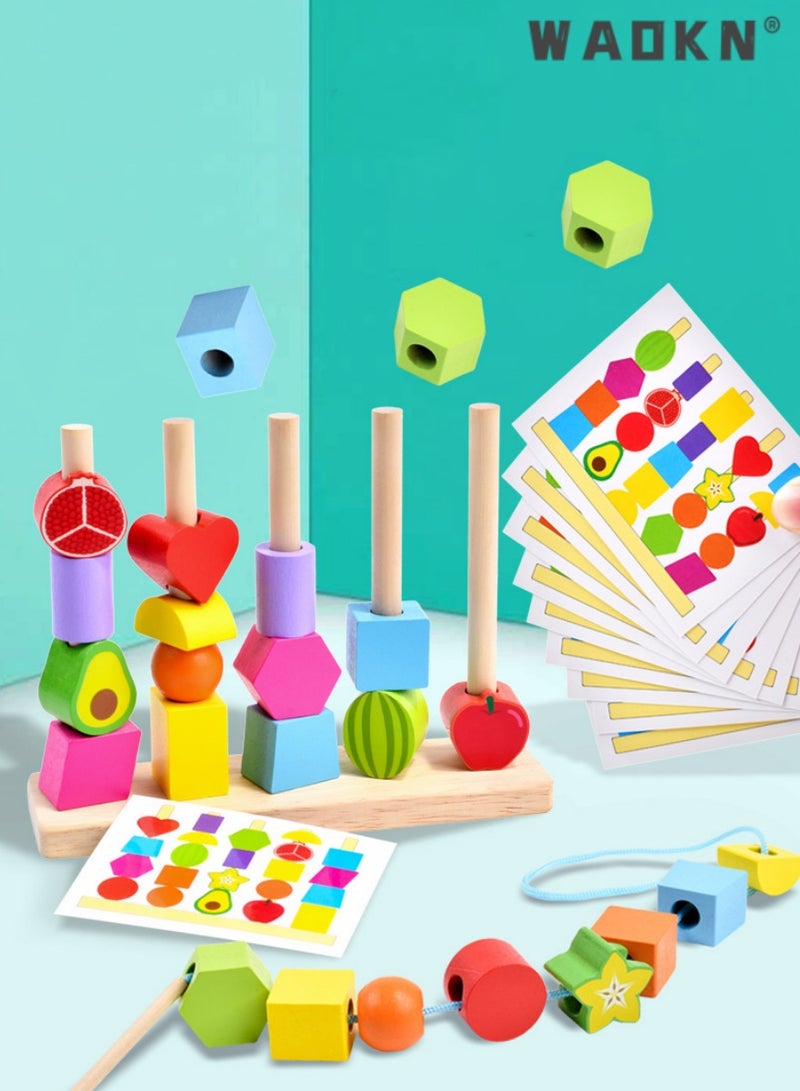 WAOKN 3 in 1 Wooden Color Sorting & Stacking Toys, Montessori Wooden Beads Sequencing Set, STEM Fine Motor Skills Toys Designed for Toddlers, Early Education Montessori Toys Gifts for Kids  - Image 2