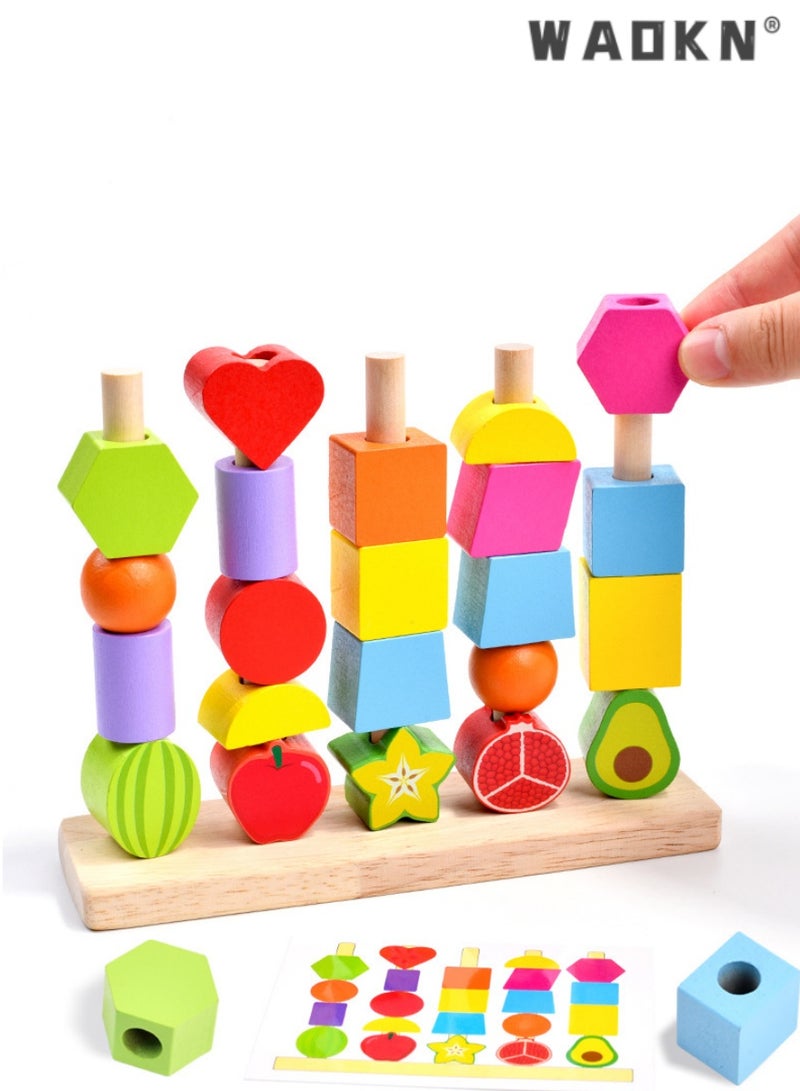 WAOKN 3 in 1 Wooden Color Sorting & Stacking Toys, Montessori Wooden Beads Sequencing Set, STEM Fine Motor Skills Toys Designed for Toddlers, Early Education Montessori Toys Gifts for Kids  - Image 3