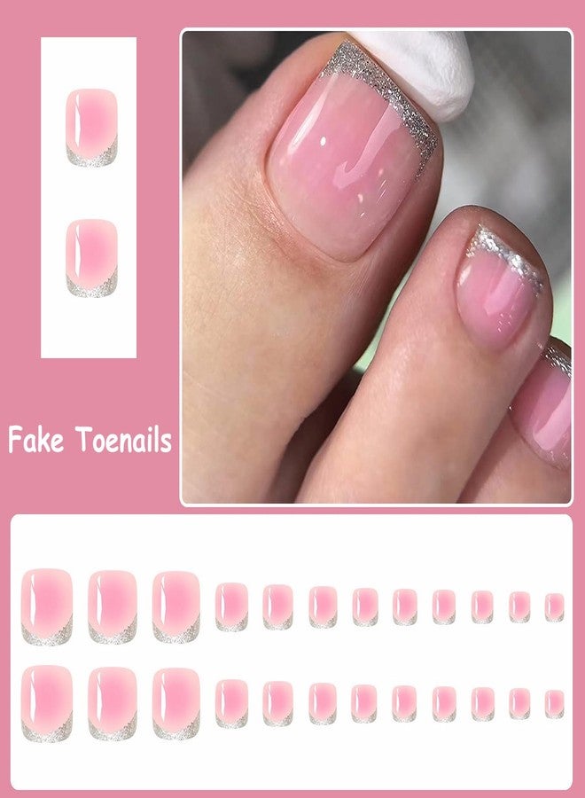 MISUD Press on Toenails Glossy Fake Toe Nails Glue on Nails Pink Ombre Acrylic Toe Fake Nails Supplies Bling Glitter False Toenails Art with Design Full Cover Press-on Toe Nails DIY 24pcs - Image 5