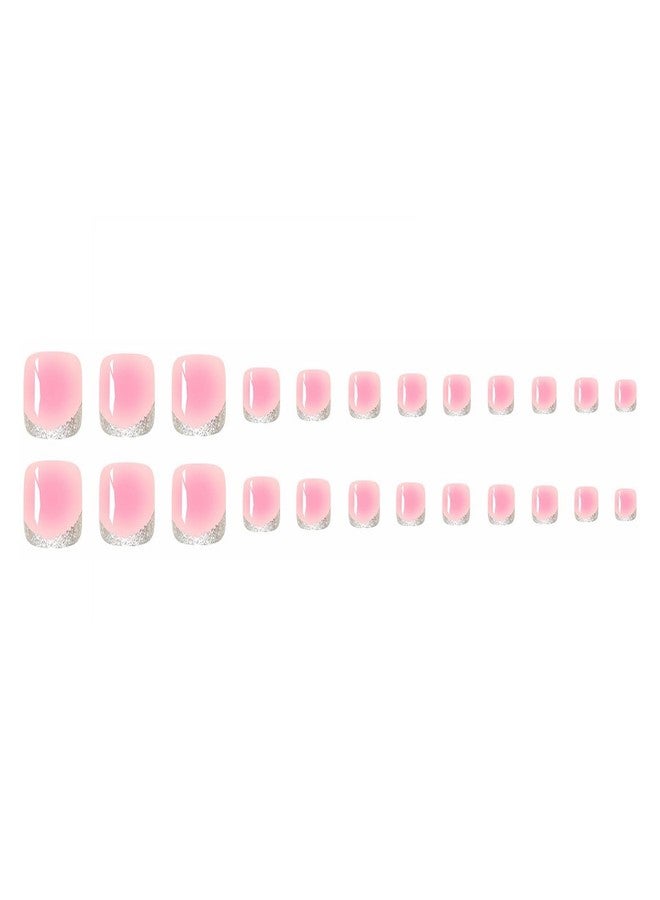 MISUD Press on Toenails Glossy Fake Toe Nails Glue on Nails Pink Ombre Acrylic Toe Fake Nails Supplies Bling Glitter False Toenails Art with Design Full Cover Press-on Toe Nails DIY 24pcs - Image 4