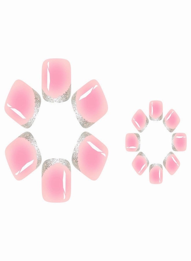 MISUD Press on Toenails Glossy Fake Toe Nails Glue on Nails Pink Ombre Acrylic Toe Fake Nails Supplies Bling Glitter False Toenails Art with Design Full Cover Press-on Toe Nails DIY 24pcs - Image 3