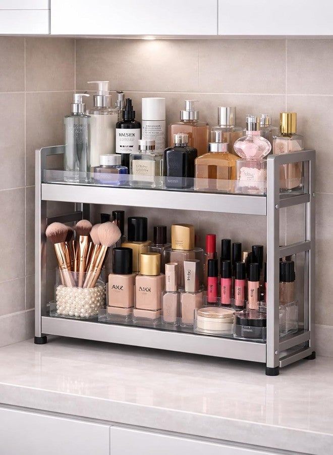 VBM 2 Tier Kitchen Spice Rack Organizer Countertop Stainless Steel Storage Shelf with Hooks Multi-Purpose Seasoning Rack Oil Bottle & Jar Holder Space Saving Kitchen Cabinet Pantry Organizer Stand Holder - Image 3