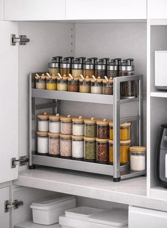 VBM 2 Tier Kitchen Spice Rack Organizer Countertop Stainless Steel Storage Shelf with Hooks Multi-Purpose Seasoning Rack Oil Bottle & Jar Holder Space Saving Kitchen Cabinet Pantry Organizer Stand Holder - Image 5