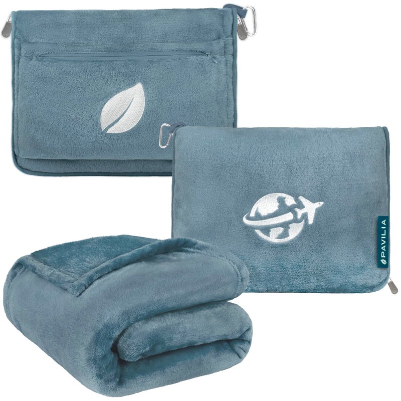 PAVILIA PAVILIA Travel Blanket and Pillow Arms Opening Airplane Blankets for Adults Compact Plane Blanket with Arm Hole 2in1 Bag for Flight Car Camping Fit in Luggage Backpack Traveler Gift Blue 