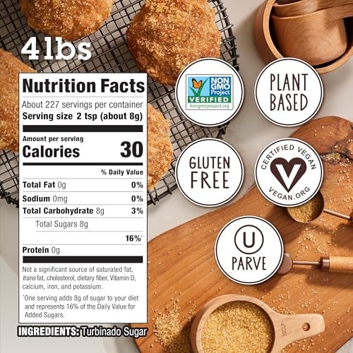 IN THE RAW Sugar In The Raw Granulated Turbinado Cane Sugar, No erythritol, Pure Natural Sweetener, Hot & Cold Drinks, Coffee, Cooking, Baking, Vegan, Gluten-Free, Non-GMO, Bulk Sugar, 4lb Bag (1-Pack) - Image 4
