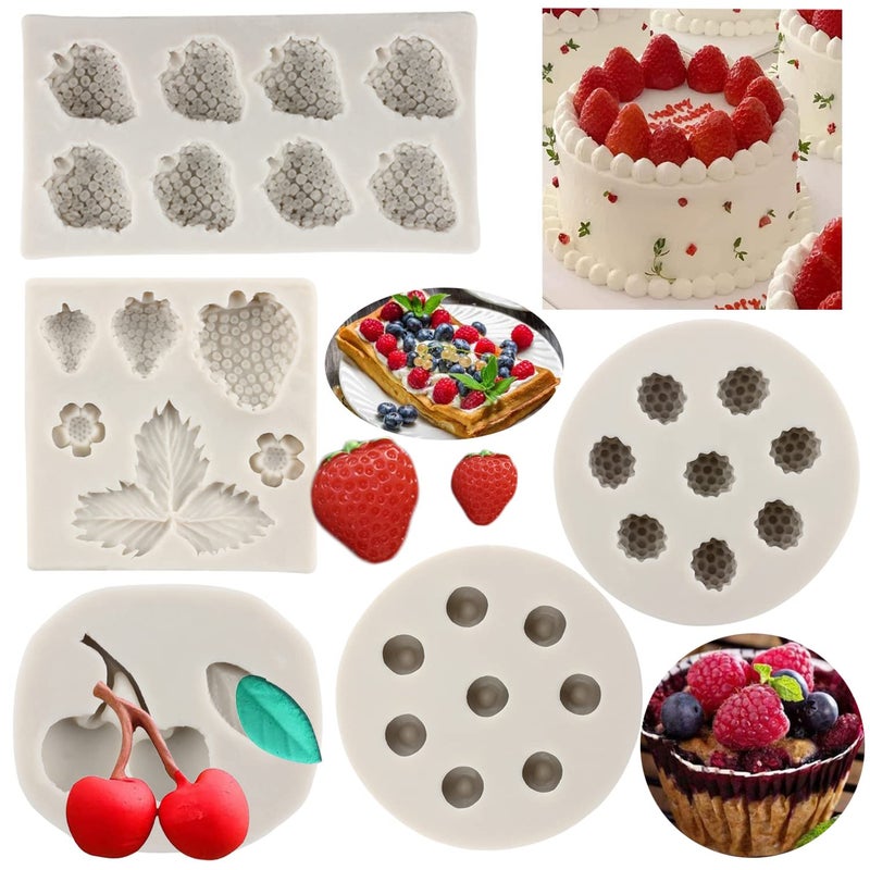 Sijiangmold Blueberry Raspberry Cherry Strawberry Cake Fondant Molds Berry Series Silicone Mold For Cake Decoration Cupcake Topper Polymer Clay Chocolate Candy Gum Paste Set Of 5 - Image 1