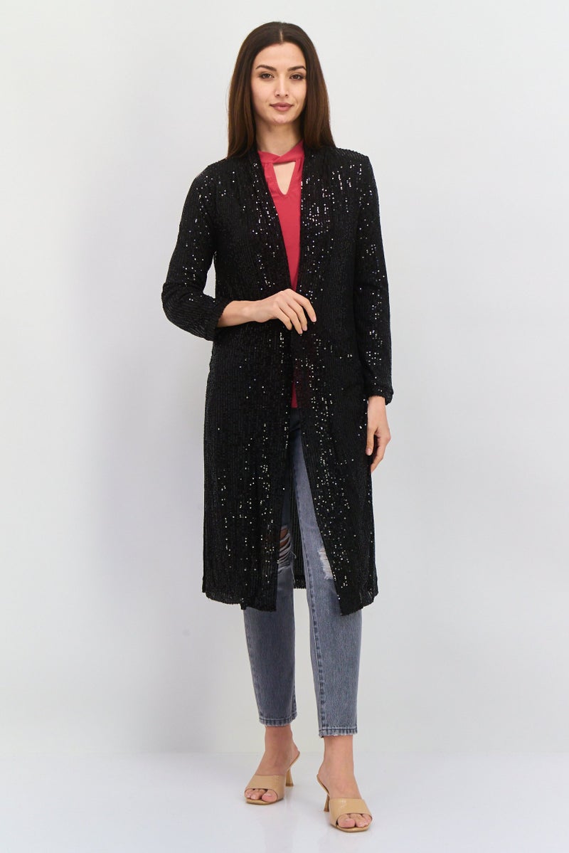 Black Tape Women Open Front Long Sleeve Mesh Embellished Cardigan, Black  - Image 1