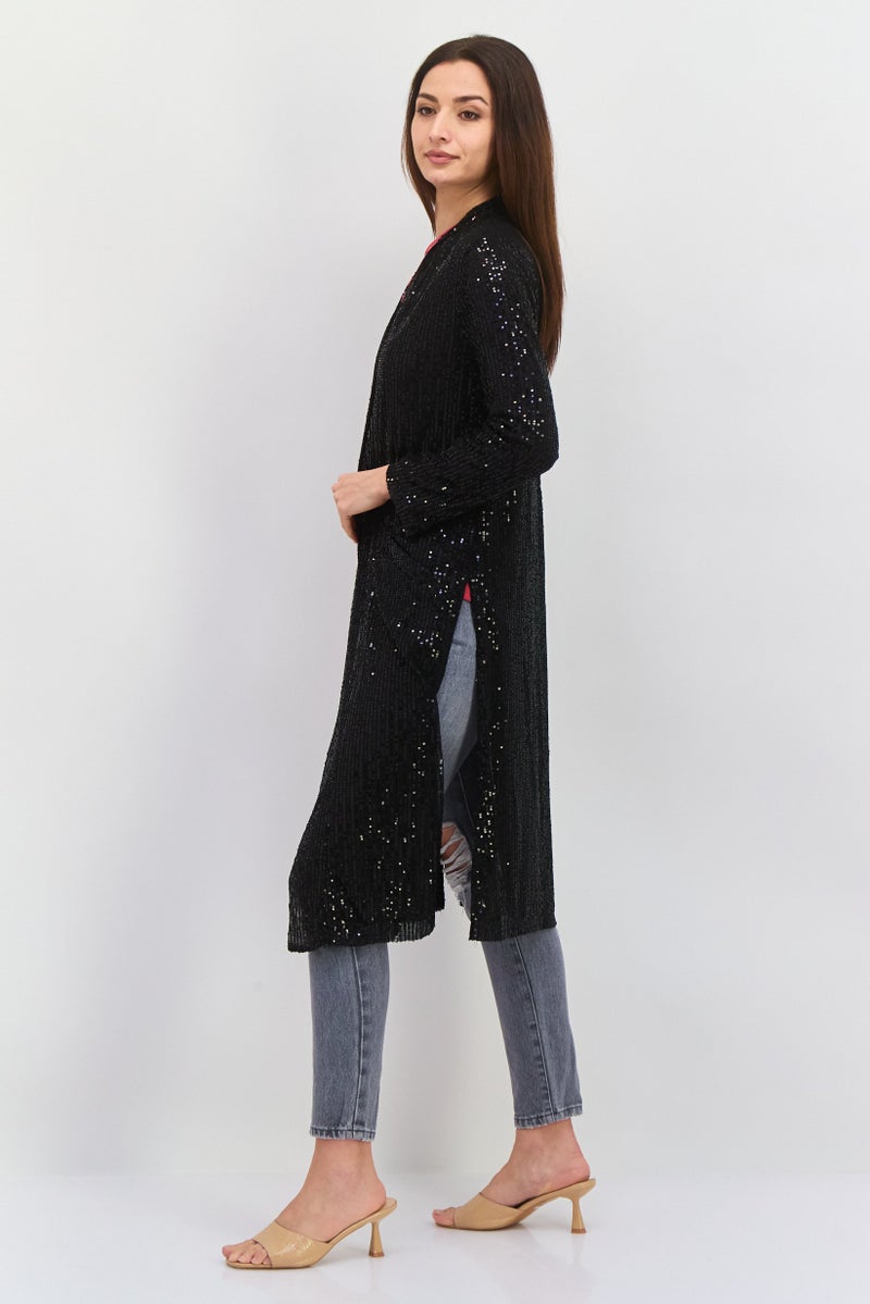 Black Tape Women Open Front Long Sleeve Mesh Embellished Cardigan, Black  - Image 3
