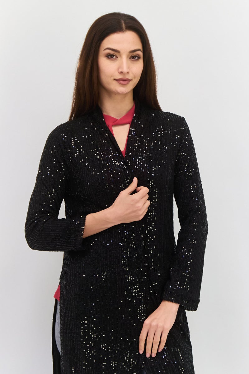 Black Tape Women Open Front Long Sleeve Mesh Embellished Cardigan, Black - Image 2