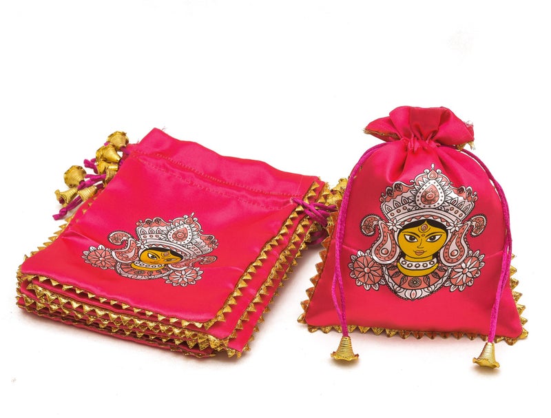 Sanvatsar Traditional Mata Rani Indian Gift Pouches, Pink Satin with Goddess Design, Gold Trim, Set for Kanjak,Navratri Gift (Red, 9) - Image 1