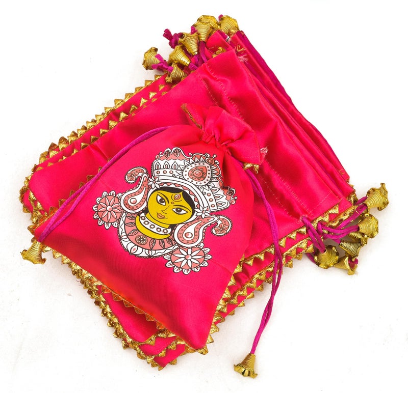 Sanvatsar Traditional Mata Rani Indian Gift Pouches, Pink Satin with Goddess Design, Gold Trim, Set for Kanjak,Navratri Gift (Red, 9) - Image 4