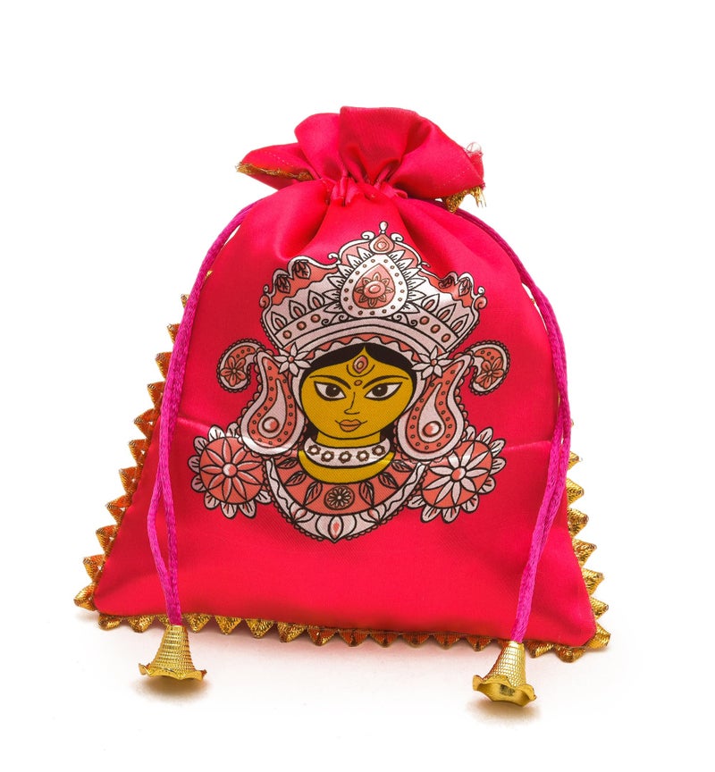 Sanvatsar Traditional Mata Rani Indian Gift Pouches, Pink Satin with Goddess Design, Gold Trim, Set for Kanjak,Navratri Gift (Red, 9) - Image 3