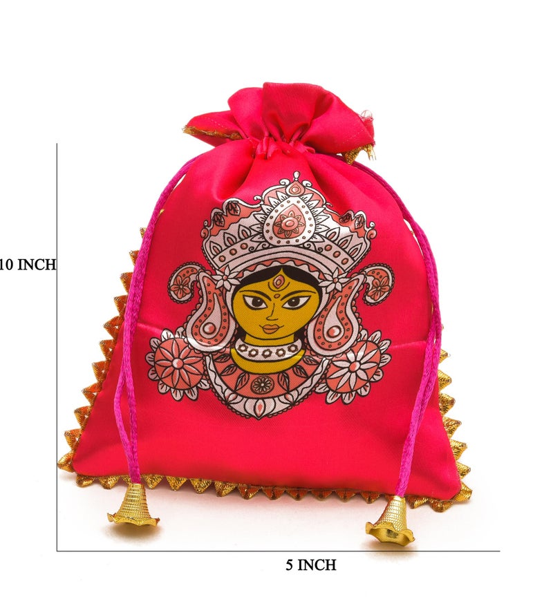 Sanvatsar Traditional Mata Rani Indian Gift Pouches, Pink Satin with Goddess Design, Gold Trim, Set for Kanjak,Navratri Gift (Red, 9) - Image 2