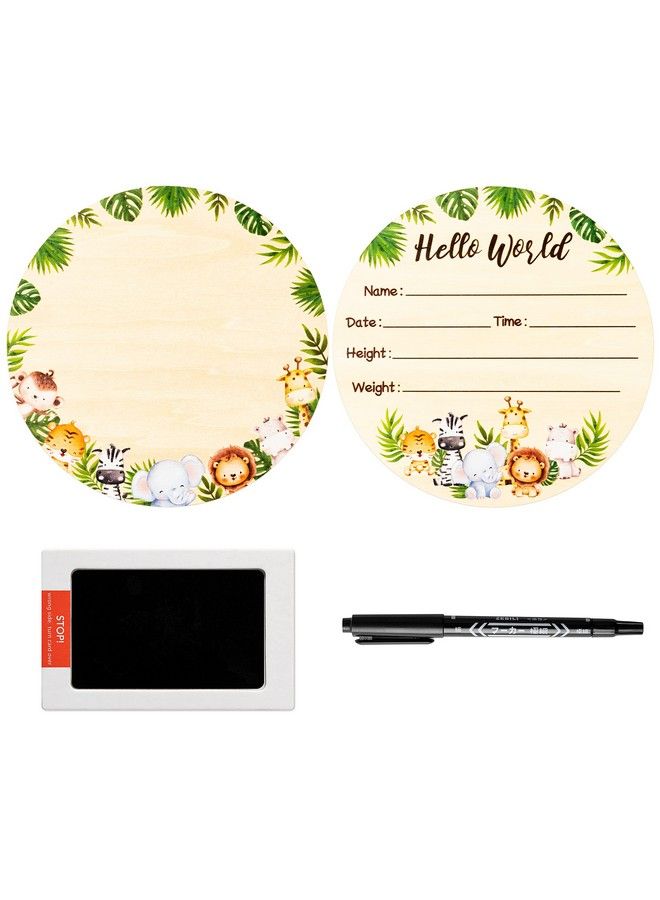 R HORSE Baby Birth Announcement Sign With Ink Pad Wooden Hello World Newborn Announcement Sign With Marker Pen Double Sided Safari Animals Newborn Name Sign For Baby Shower Birthday - Image 1