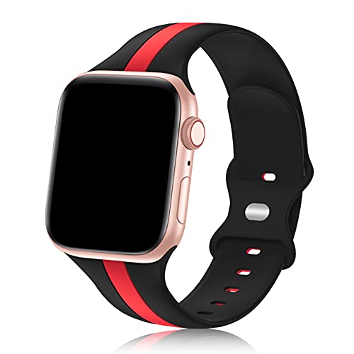Seizehe Designer Sport Band Compatible with Apple Watch iWatch Bands 38mm 40mm 41mm 42mm 44mm 45mm 49mm Men Women, Soft Silicone Strap Wristbands for Apple Watch Series 11/10/9/8/7/6/5/4/3/2/1/se/Ultra (Black Red, 44/45/46/49/42mm(Series 3 2 1)) - Image 1