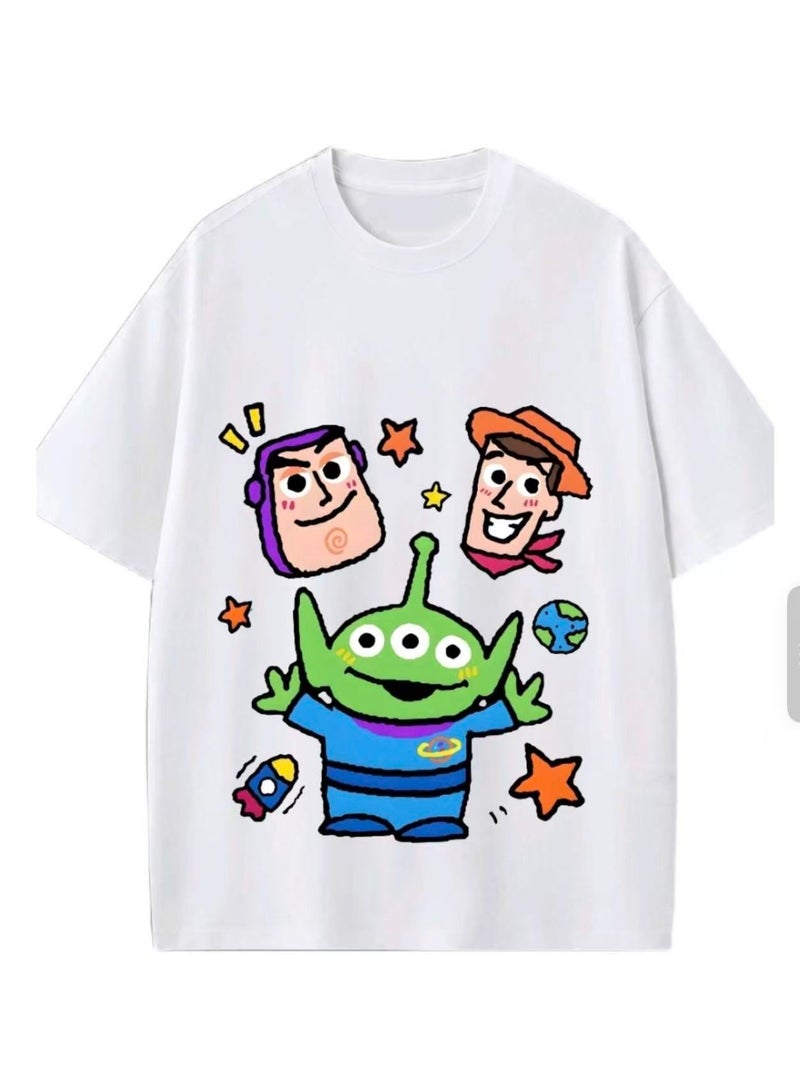 Unisex Casual Crew Neck Short Sleeve T-Shirt with Cute Toy Cartoon Character Print - White - Image 1