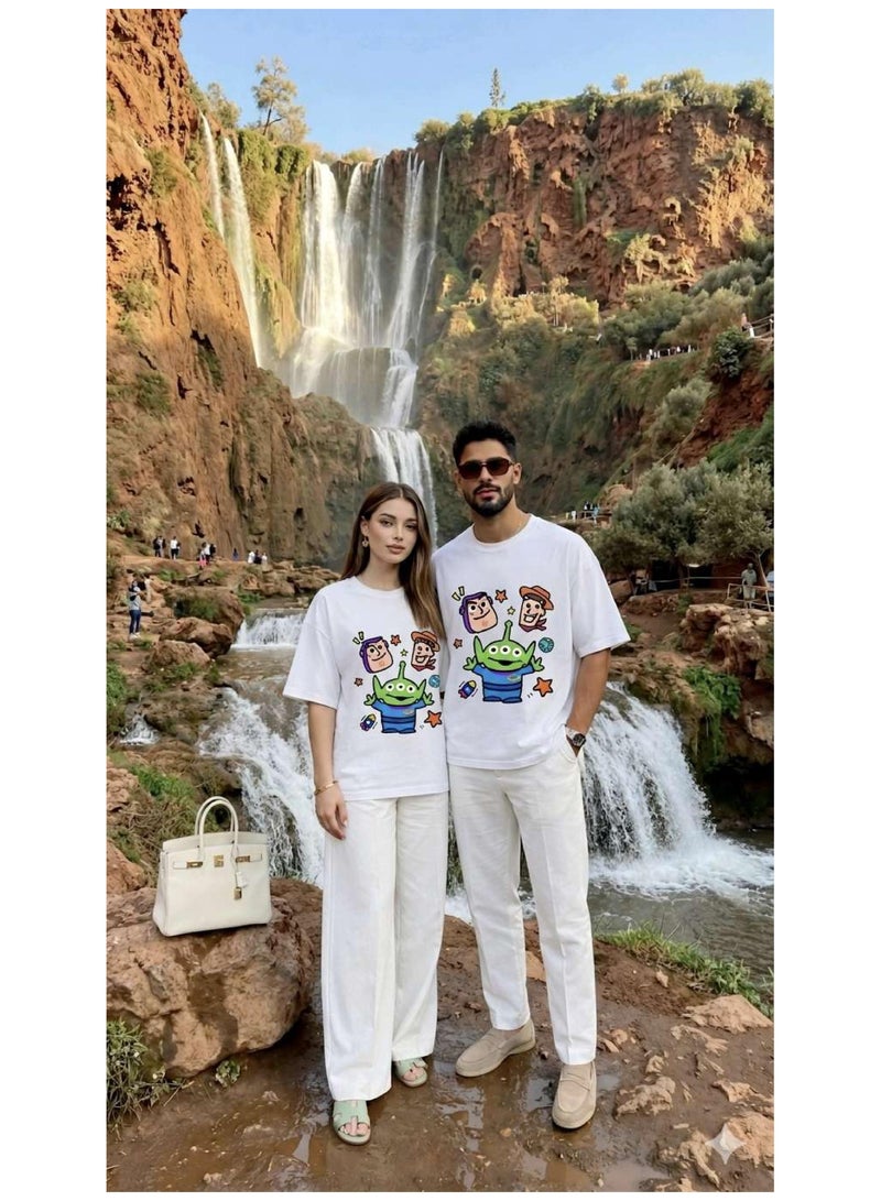 Unisex Casual Crew Neck Short Sleeve T-Shirt with Cute Toy Cartoon Character Print - White - Image 2