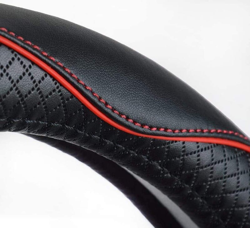 Valleycomfy Steering Wheel Covers Universal 15 inch - Genuine Leather, Breathable, Anti Slip & Odor Free (Black with Red Lines, M(14" 1/2-15" 1/4)) - Image 2