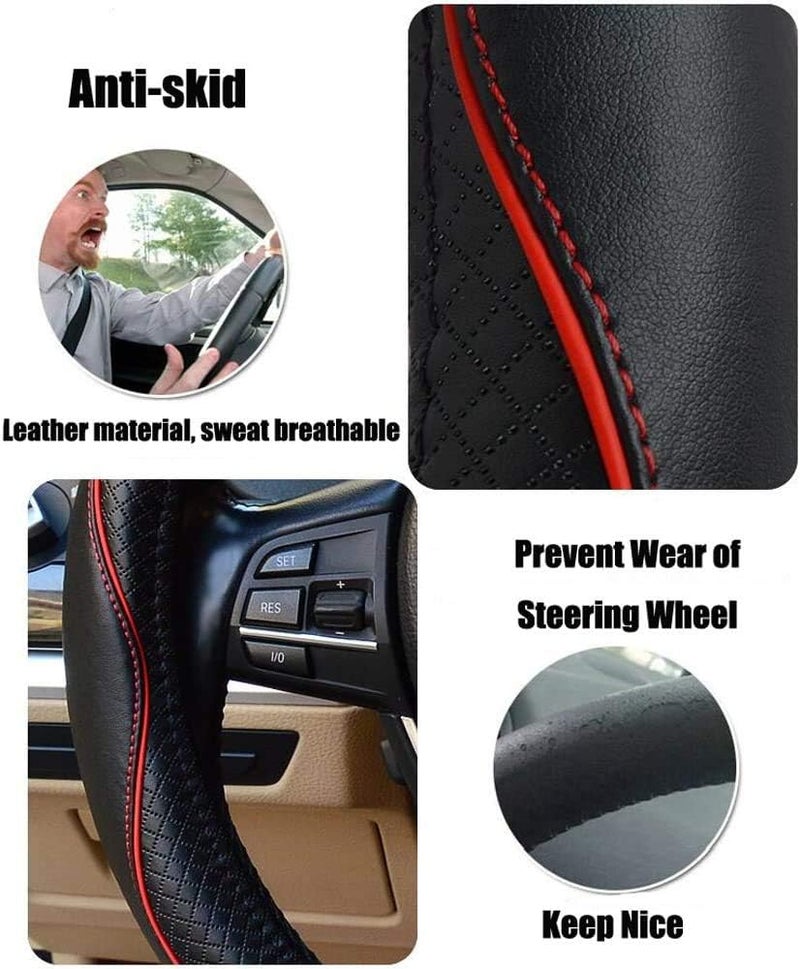 Valleycomfy Steering Wheel Covers Universal 15 inch - Genuine Leather, Breathable, Anti Slip & Odor Free (Black with Red Lines, M(14" 1/2-15" 1/4)) - Image 3