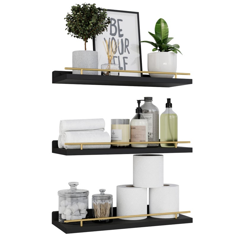 WOPITUES Floating Shelves with Gold Metal Guardrail Shelves for Wall Decor Set of 3 Wall Shelves for Bedroom Bathroom Kitchen Living Room Plants Picture Frames Art Black and Gold