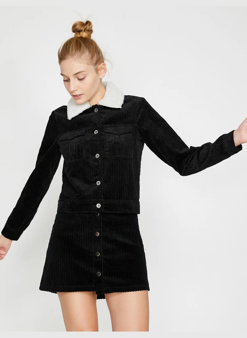 كوتون Faux Fur Detailed Velvet Coat
